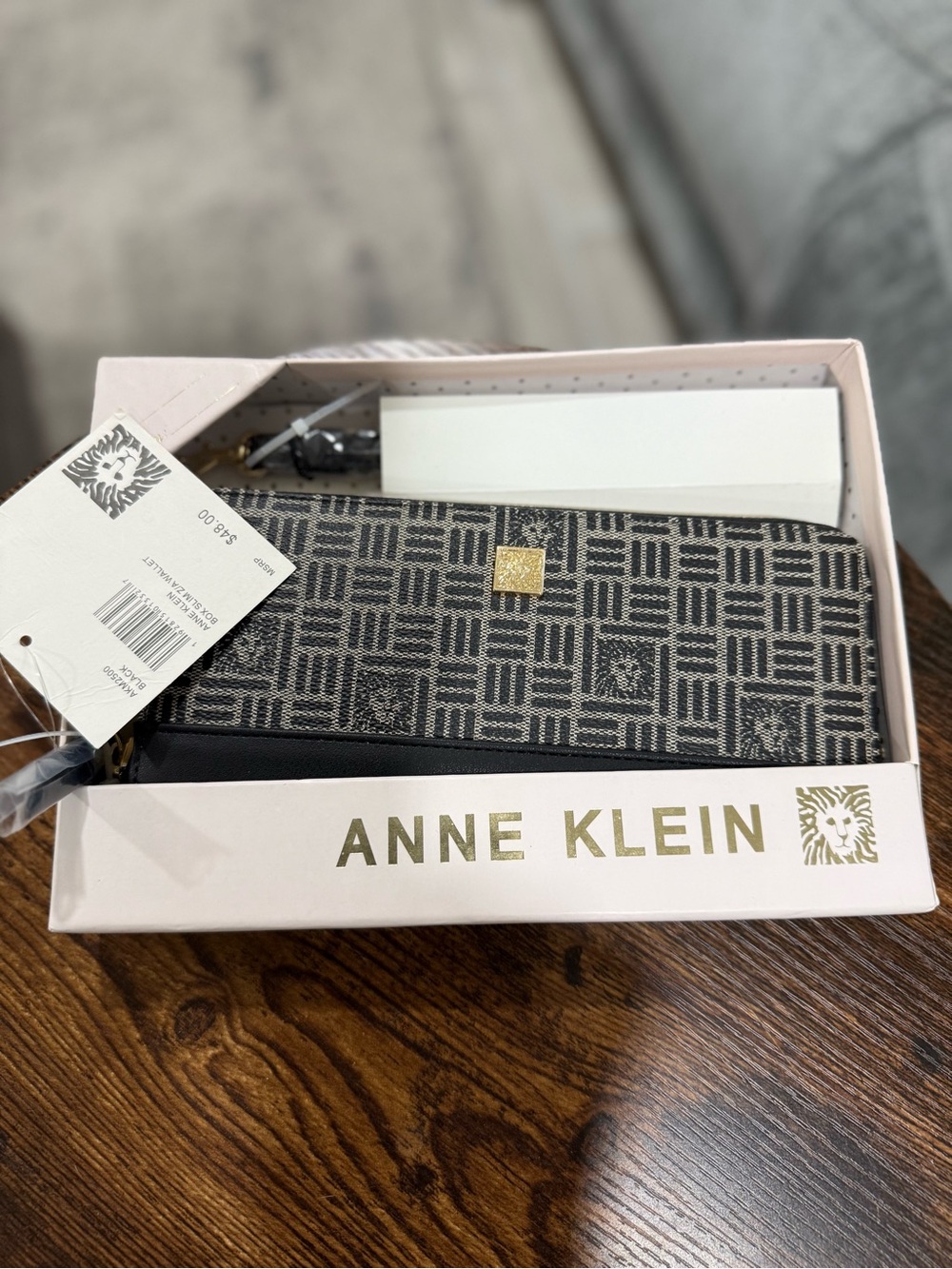 Anne Klein Black & Gray Patterned Zip Wallet with Gold Accent